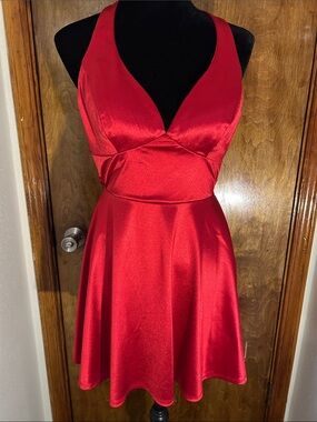 Red Satin V-Neck Skater Dress - Women